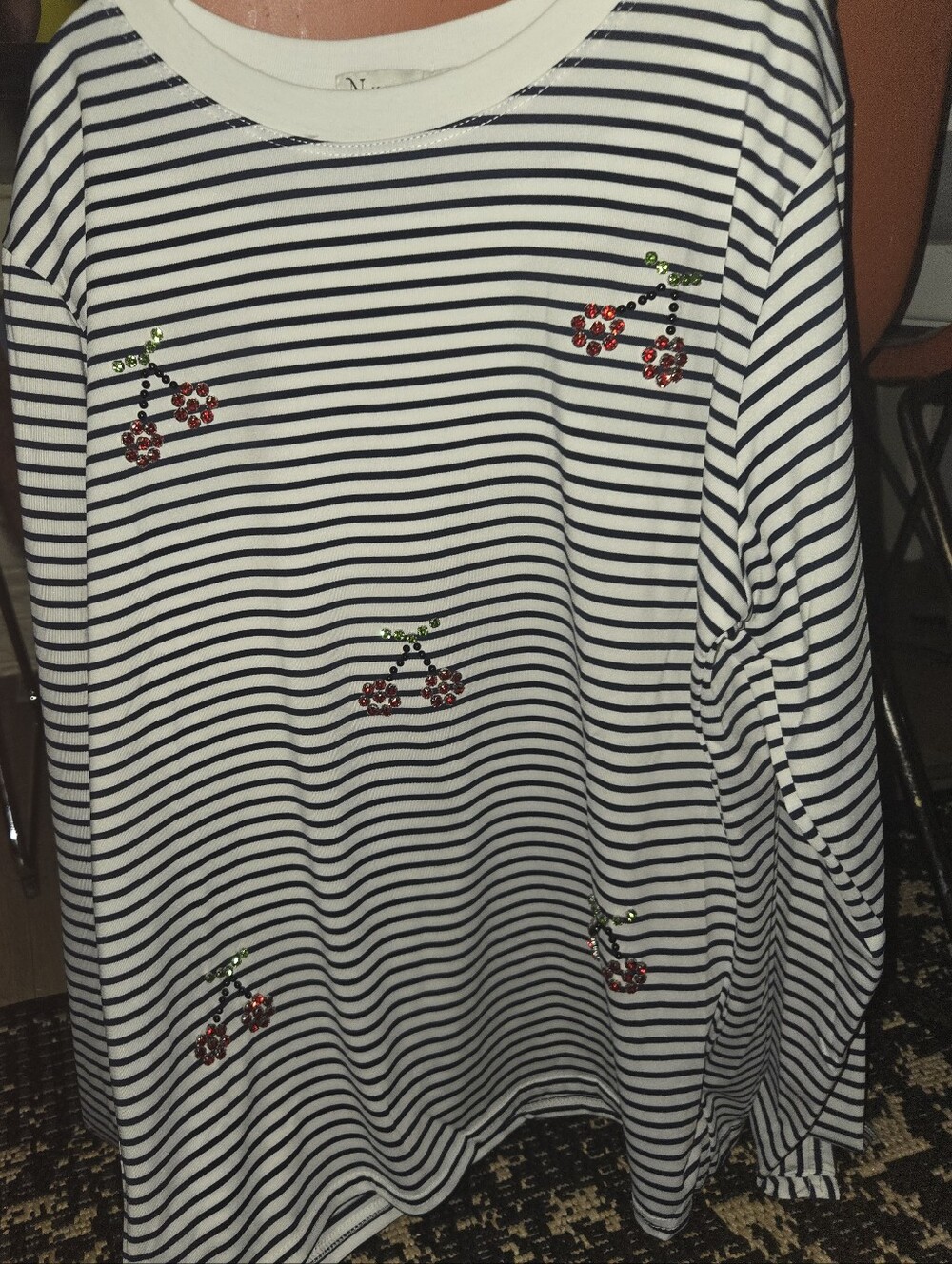 Striped Black & White Tee with Red Sequin Cherries